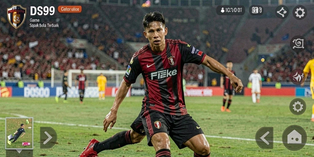 Screenshot gameplay DS99 menampilkan pertandingan sepak bola yang seru dan realistis.