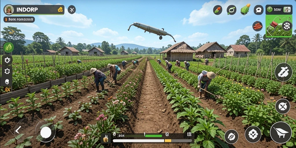 Screenshot gameplay INDORP menampilkan suasana pertanian yang menawan.