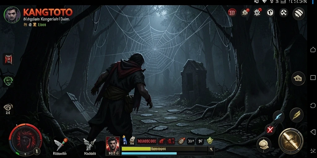 Screenshot gameplay KANGTOTO menampilkan suasana mencekam di lokasi angker.