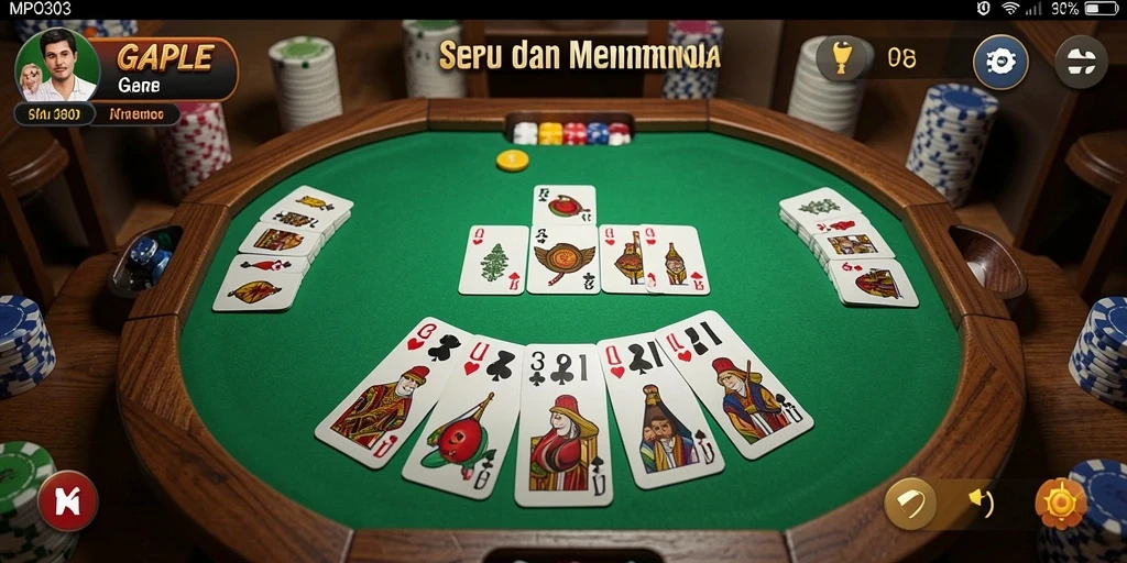 Screenshot MPO303 menampilkan gameplay Gaple yang seru dan interaktif.
