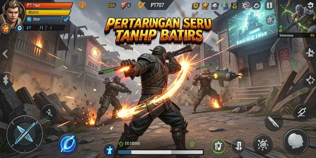 Screenshot gameplay PT707 menampilkan aksi pertarungan intens.