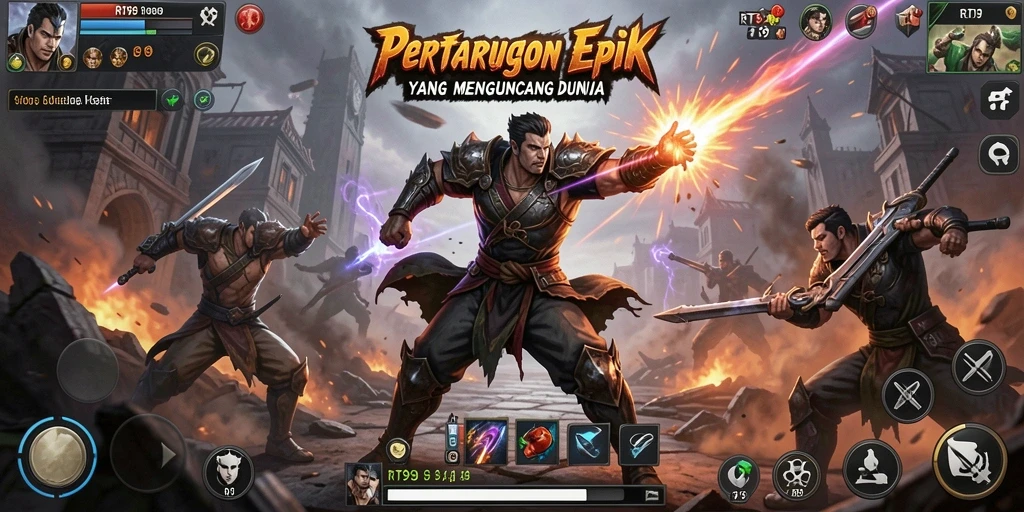 Screenshot menampilkan petarungan mendebarkan dalam RT99 dengan grafis menakjubkan.