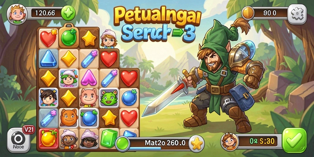 Gameplay seru V21 dengan kombinasi warna-warni dan tantangan Match-3.